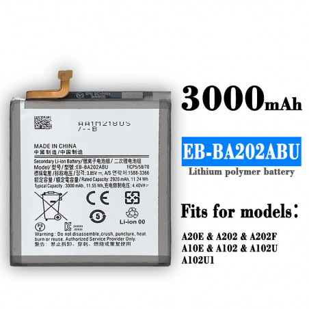 Batterie 100% Haute Qualité pour Samsung Galaxy 3000mAh A20 A205F A20E A102 A102U A102U1 EB-BA202ABU. vue 0